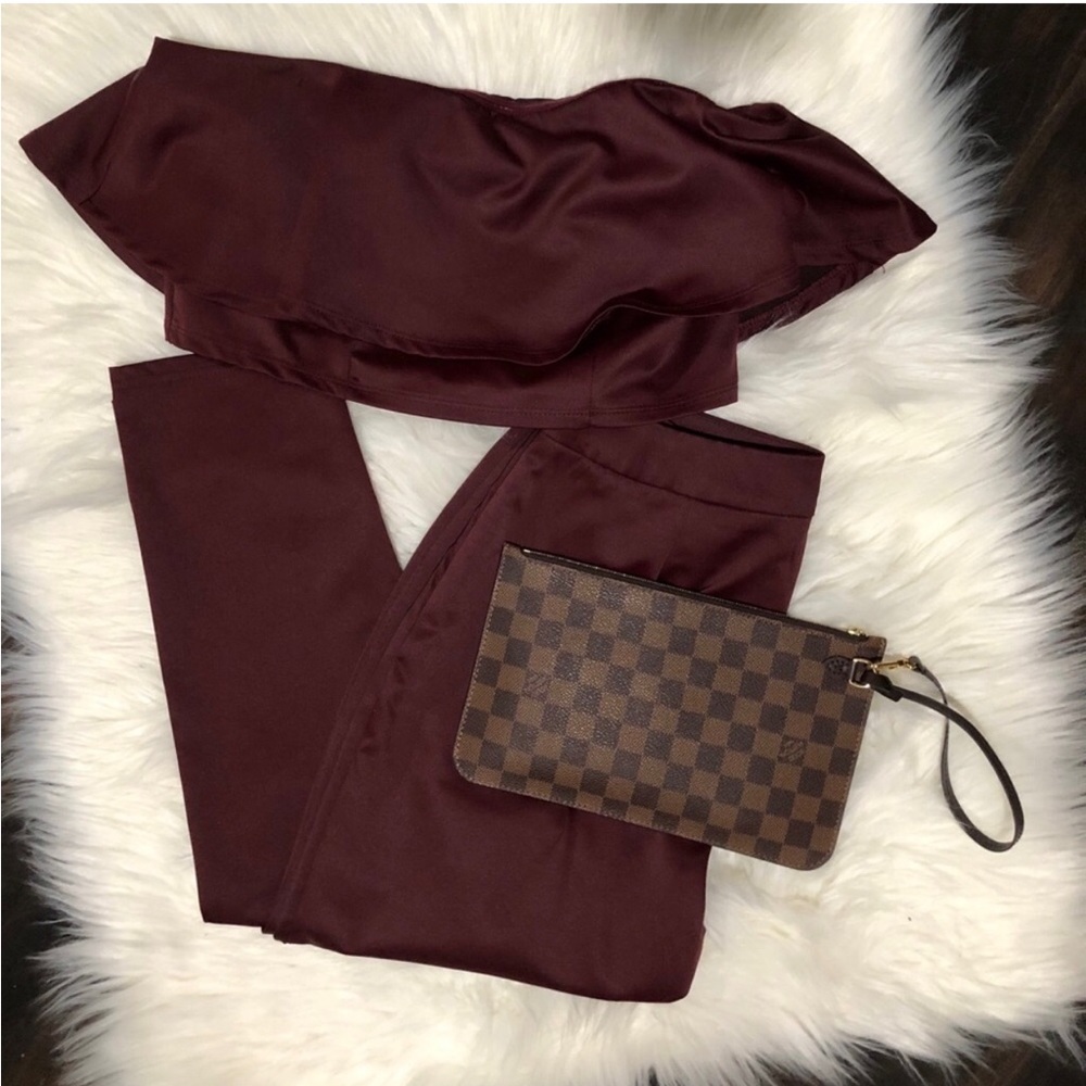 JLUXLABEL 2 Piece wine color set / pants , bandeau top.96% Polyester, 4% Spandex
